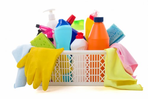 Deep cleaning supplies arranged for a home cleaning routine